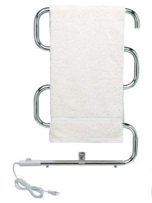 WarmRails chrome wall mounted towel warmer with a white towel draped over the bars