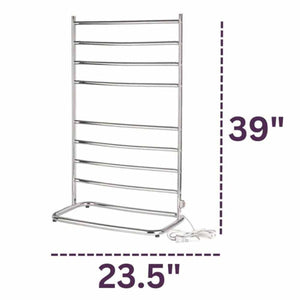 Chrome towel warmer with dimensions 39 inches high and 23.5 inches wide
