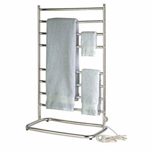 WarmRails freestanding chrome towel warmer with two hanging towels