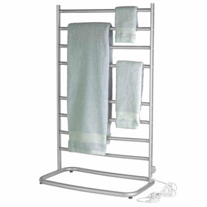 WarmRails freestanding silver towel warmer with three hanging towels