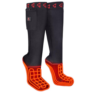 Gerbing black heated socks with red glowing heating elements in the foot area