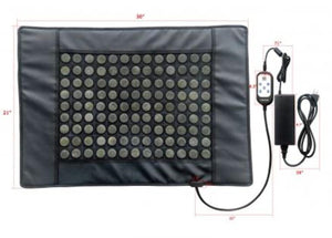 WelAide heating pad with stone discs and wired remote control showing dimensions
