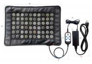 Infrared heating pad with stone discs and digital controller showing dimensions