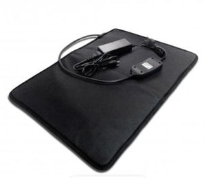 Black rectangular heating mat with power adapter and controller