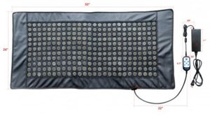 Infrared heating mat with stone discs and power controller showing dimensions in inches