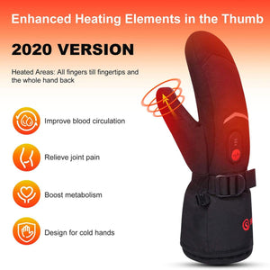 Savior Heat heated mitten showing thumb heating elements and benefits for circulation and joint pain