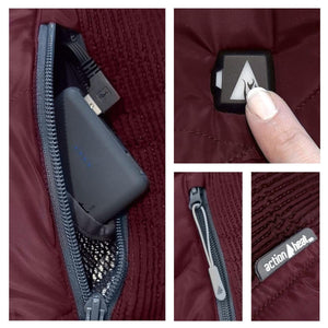 ActionHeat jacket battery pack in pocket, power button, and brand logo