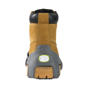 Winter Walking ice cleat attached to the heel of a tan work boot