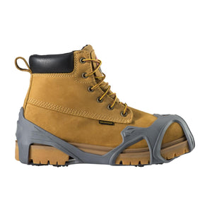 Winter Walking ice cleat attachment on a tan waterproof work boot