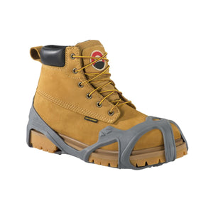 Winter Walking ice cleat attached to a tan waterproof work boot