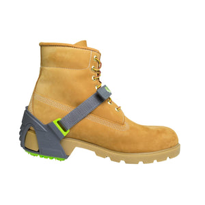 Winter Walking ice cleat attached to a tan work boot