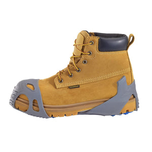 Winter Walking ice cleat attached to a tan waterproof work boot