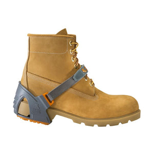 Winter Walking ice cleat attached to a tan work boot