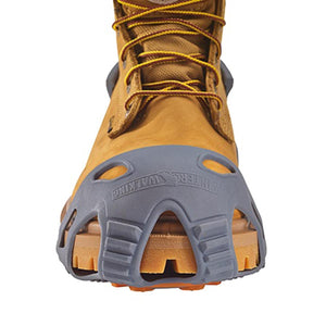 Winter Walking ice cleat attached to the toe of a tan work boot