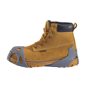 Winter Walking ice cleat attached to a tan waterproof work boot