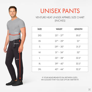 Venture Heat unisex pants size chart showing waist and length measurements in inches
