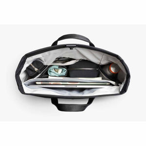 Top view of open Bellroy tote bag filled with laptop and accessories