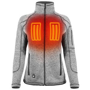 Grey knit heated jacket with glowing orange chest heating elements