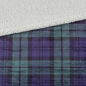 Woolrich purple and teal plaid blanket with white sherpa lining