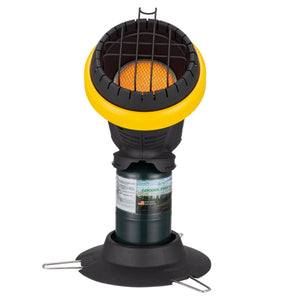 GoodRV portable propane heater with yellow rim and wire safety guard