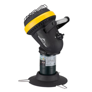 Comfort Gear portable propane heater with black and yellow housing on a circular base