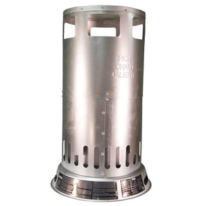 Cylindrical metal outdoor heater with ventilation slots and warning text