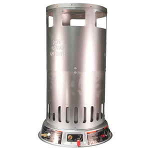 Silver cylindrical propane radiant heater with control knobs at the base
