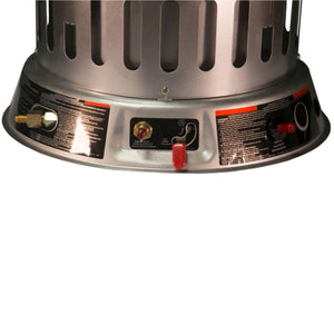 Close up of propane heater control panel with ignition button and safety valve