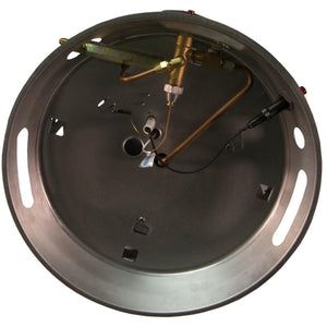 Underside view of a circular metal burner assembly with brass fittings and ignition components