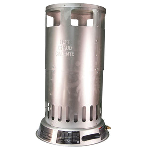 Cylindrical silver propane heater with ventilation slots and warning text