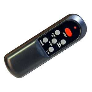 Black remote control with labeled buttons for power timer mode and temperature settings