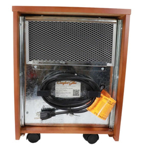 Back view of Comfort Glow portable heater with wooden frame and power cord wrapped around metal housing