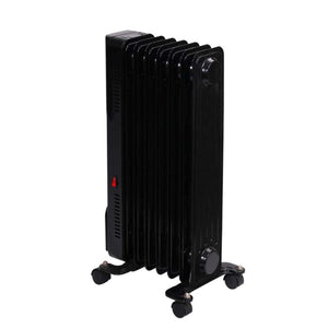 Black oil filled radiator heater with seven fins and four caster wheels