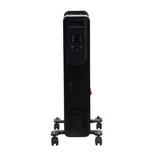 Black oil filled radiator heater with digital control panel and caster wheels