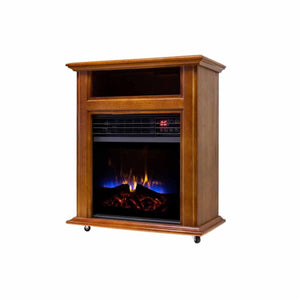 Freestanding wooden electric fireplace with digital display and wheels