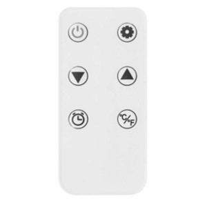 White rectangular remote control with six buttons including power, settings, arrows, timer, and temperature unit toggle