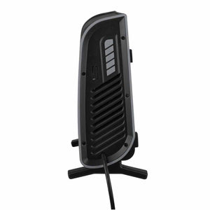 Side view of a black tower space heater with control buttons and a power cord