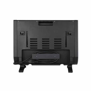 Back view of a black electric heater showing vents and a coiled power cord