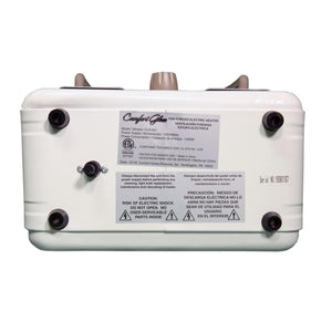 Back view of World Marketing Comfort Glow electric heater showing product label and safety information