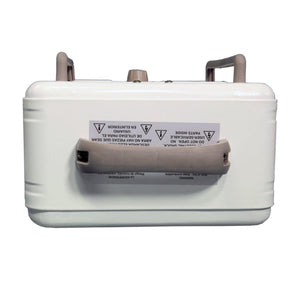 World Marketing heater unit with safety warning labels and carry handle