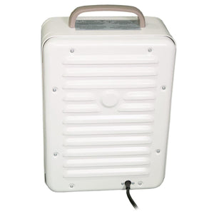 Back view of white portable mini fridge with top carry handle and power cord