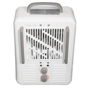 World Marketing Comfort Glow white electric space heater with two control knobs and a top carrying handle