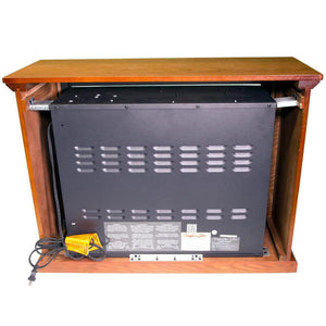 Back view of World Marketing electric fireplace insert with wooden frame and metal ventilation panel
