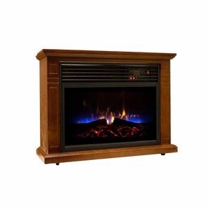 World Marketing electric fireplace with wood finish frame and glowing logs