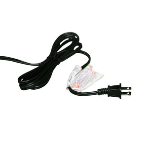 World Marketing black power cord with two prong plug and attached safety warning tag