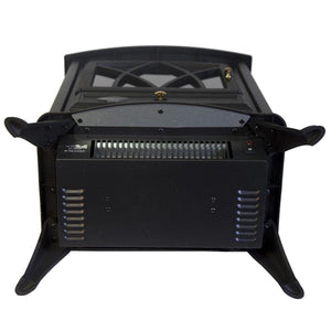 Underside view of a black electric fireplace heater showing the ventilation grill and power switch
