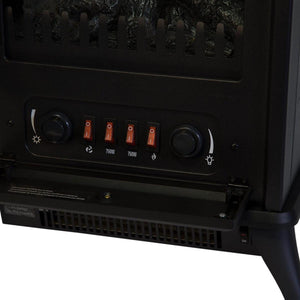 Electric fireplace control panel with power switches and heat adjustment dials