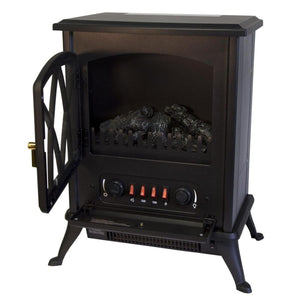 Black electric stove heater with open door and control panel