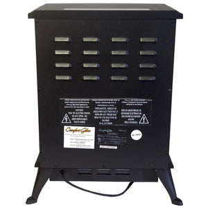 Back view of Comfort Glow electric stove heater with warning labels and power cord