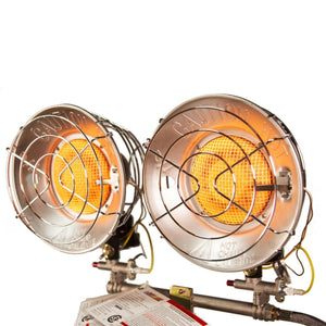 World Marketing dual burner propane heater with glowing orange heating elements and protective wire cages